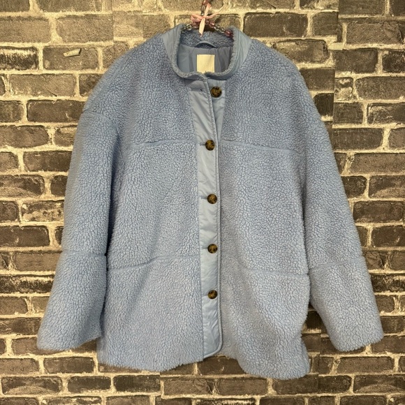 H&M teddy jacket Light blue Sherpa fleece button front pockets - Picture 1 of 11